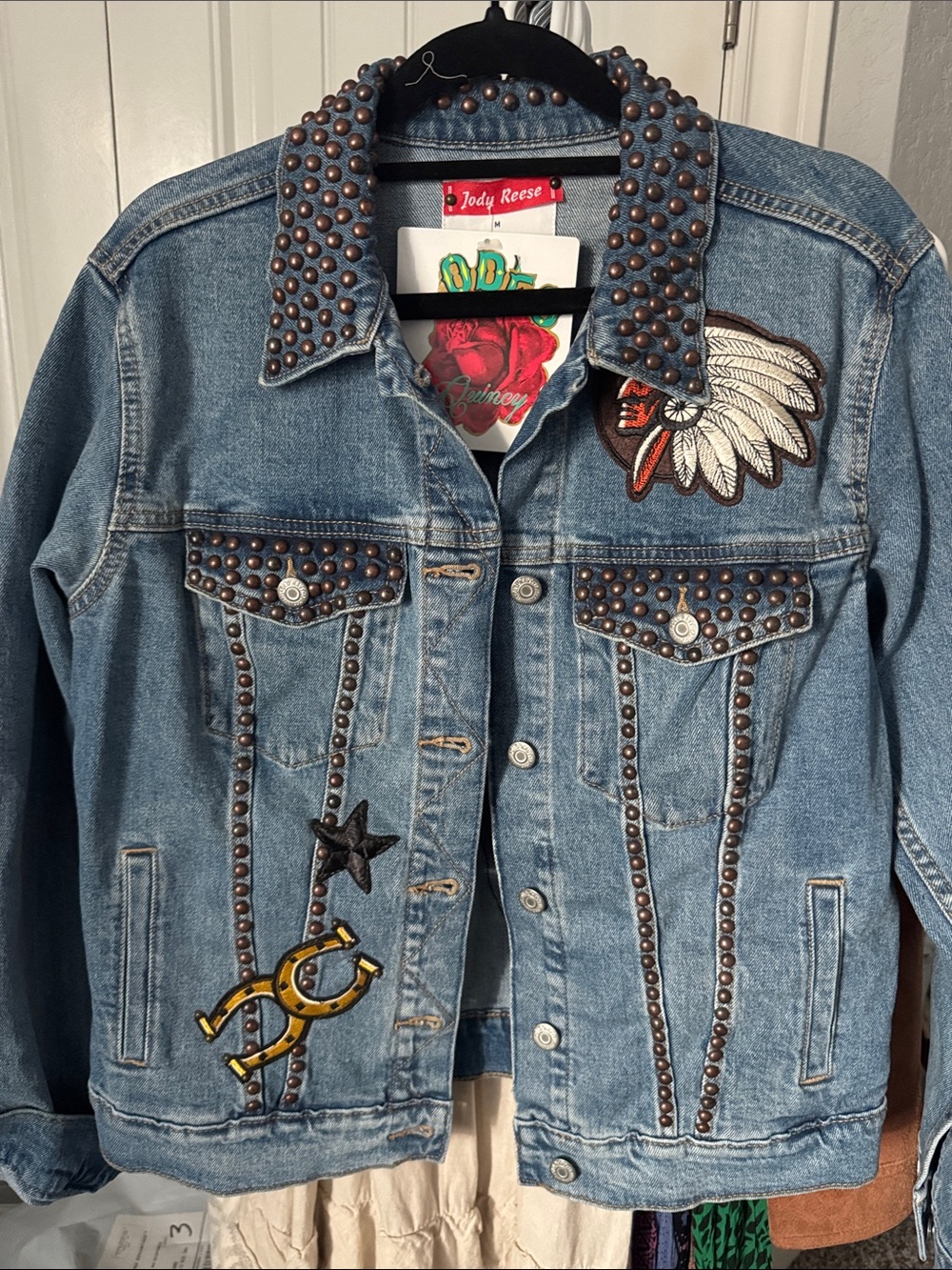 Upcycled Jody Reese  Blue Denim Jacket with stud and Patch Details